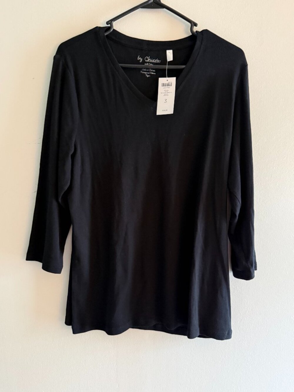 NWT Chico's Jalincia Top 3/4 Sleeve Basic Knit Black Size 3 XL